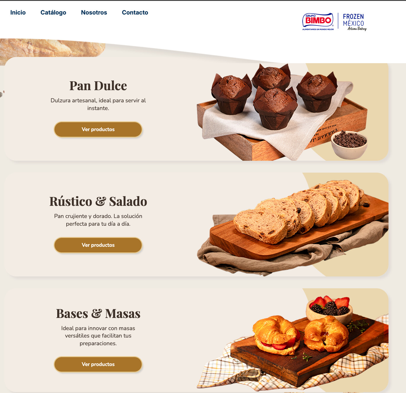 Bimbo Frozen website showcasing bakery product categories